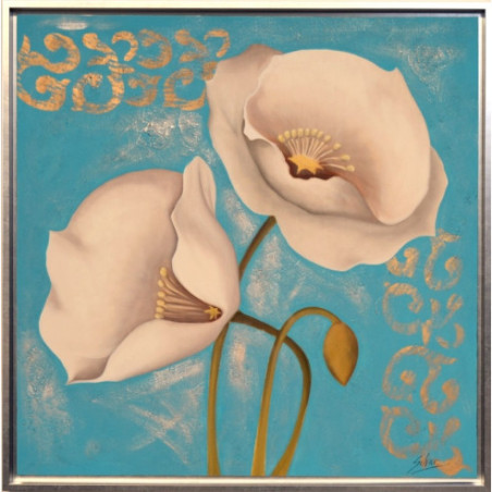 CUADRO AMAPOLAS CON  TURQUESA Y MARCO PLATA