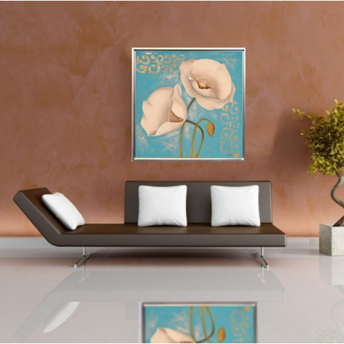 CUADRO AMAPOLAS CON  TURQUESA Y MARCO PLATA