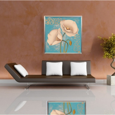 CUADRO AMAPOLAS CON  TURQUESA Y MARCO PLATA