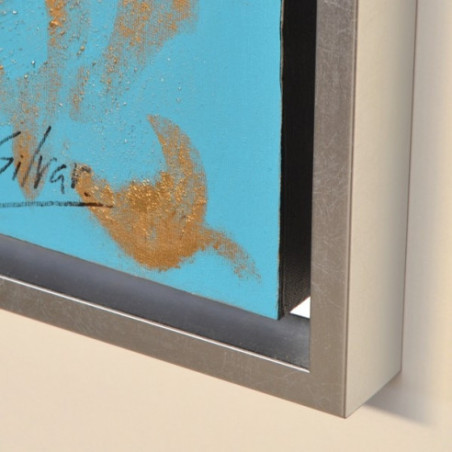 CUADRO AMAPOLAS CON  TURQUESA Y MARCO PLATA