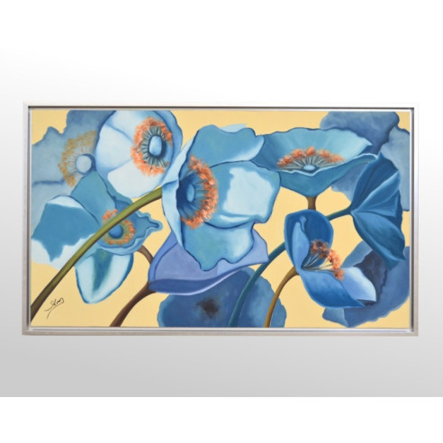 CUADRO FLOR AZUL CON MARCO PLATA