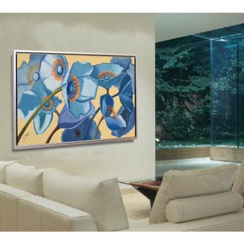 CUADRO FLOR AZUL CON MARCO PLATA