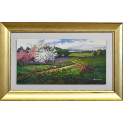 Set dos cuadros oleo paisaje marco oro