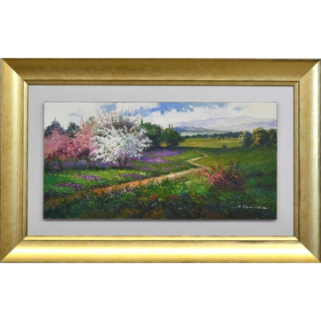 Set dos cuadros oleo paisaje marco oro