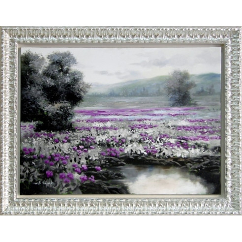 CUADRO PAISAJE LILAS CON MARCO PLATA